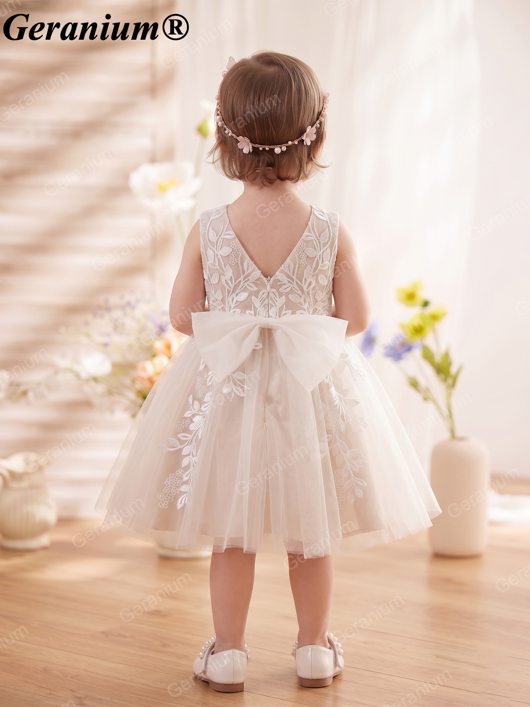 Geranium Champagne Lace Tulle Flower Girl Dress with Bow Back – KD-25 Secondary image