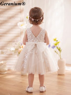 Geranium Elegant Champagne Floral Embroidery Flower Girl Dress with Oversized Back Bow KD-25