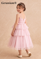 Geranium Girls' Pink Pleated Tulle Party Gown - Elegant Tiered Princess Dress for Weddings & Birthdays KD-243