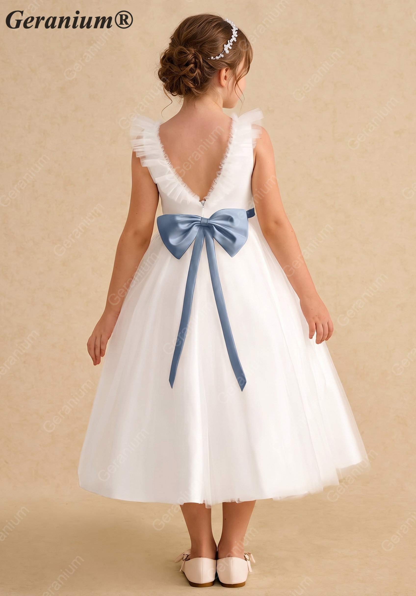 Geranium Ruffle V-Back Flower Girl Dress with Satin Bow Sash - Tulle T-Length Princess Party Gown KD-179