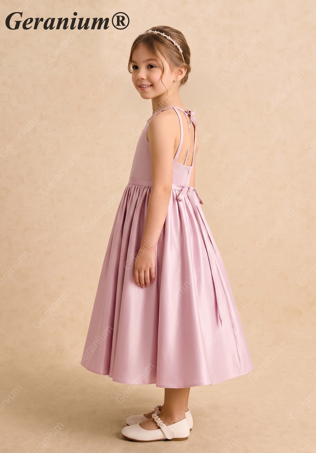 Geranium Elegant Pink Satin Flower Girl Dress - Halter Neck A-Line Junior Bridesmaid Gown with Open Back Bow KD-264