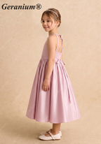 Geranium Elegant Pink Satin Flower Girl Dress - Halter Neck A-Line Junior Bridesmaid Gown with Open Back Bow KD-264