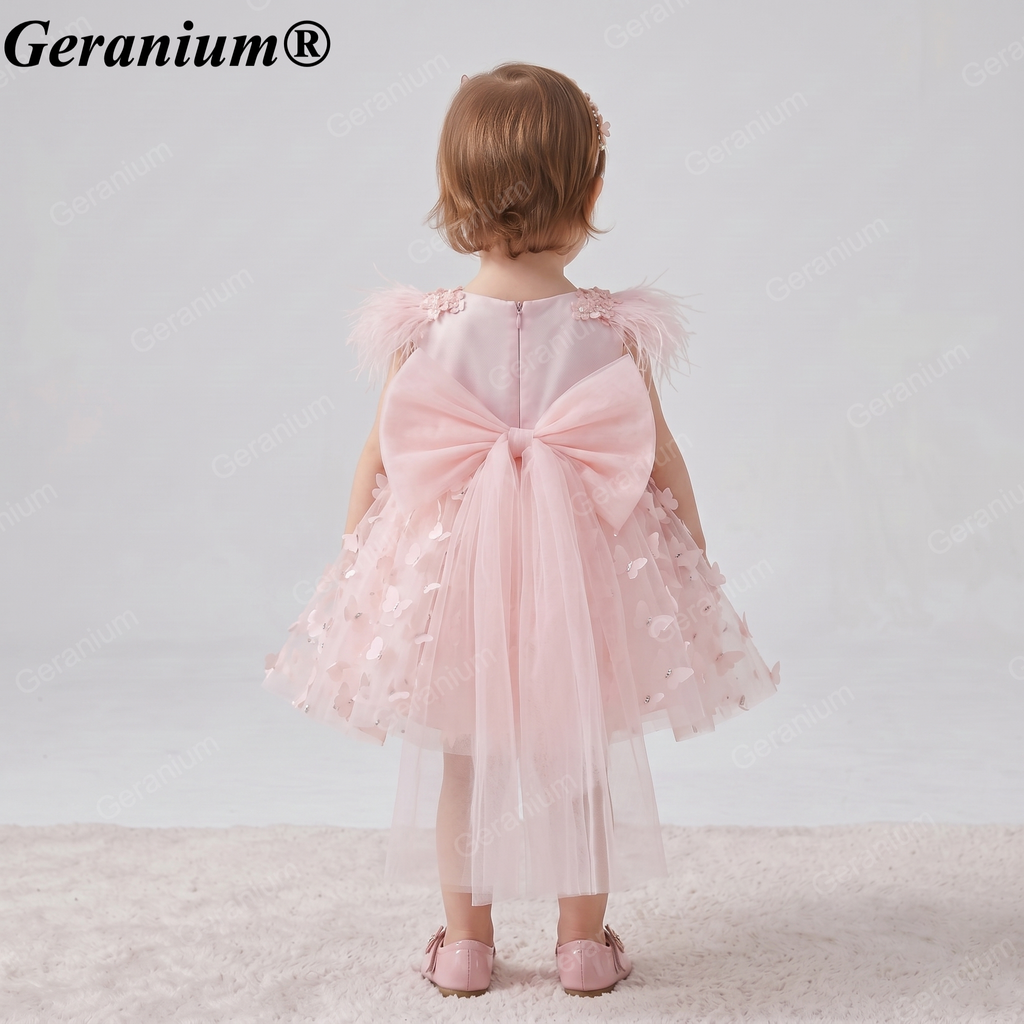 Geranium Enchanted Garden Toddler Girl 3D Butterfly Tulle Party Dress - Feather Sleeves & Oversized Bow Back KD-52