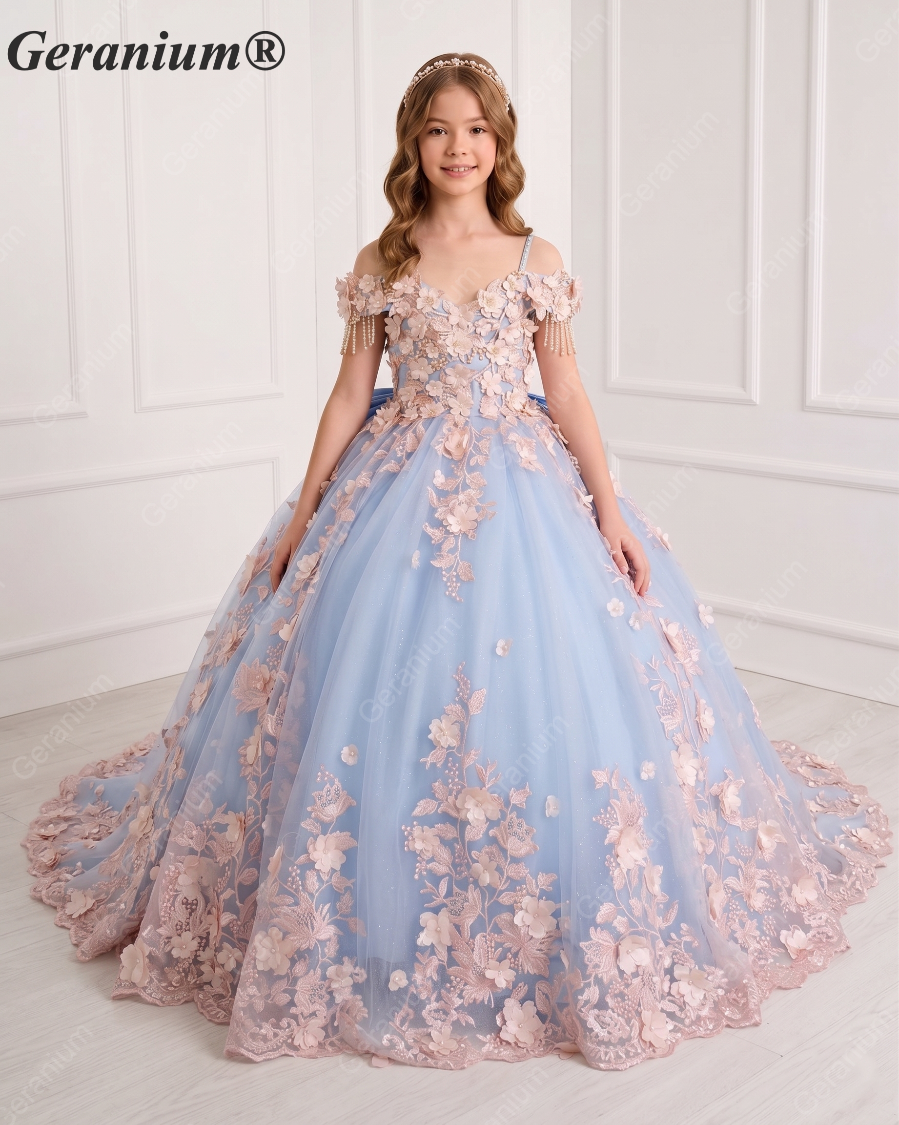 GeraniumGorgeous Light Blue Junior Ball Gown with Pink 3D Floral Applique & Oversized Bow | Off-Shoulder Tulle Dress KD-374 Main image