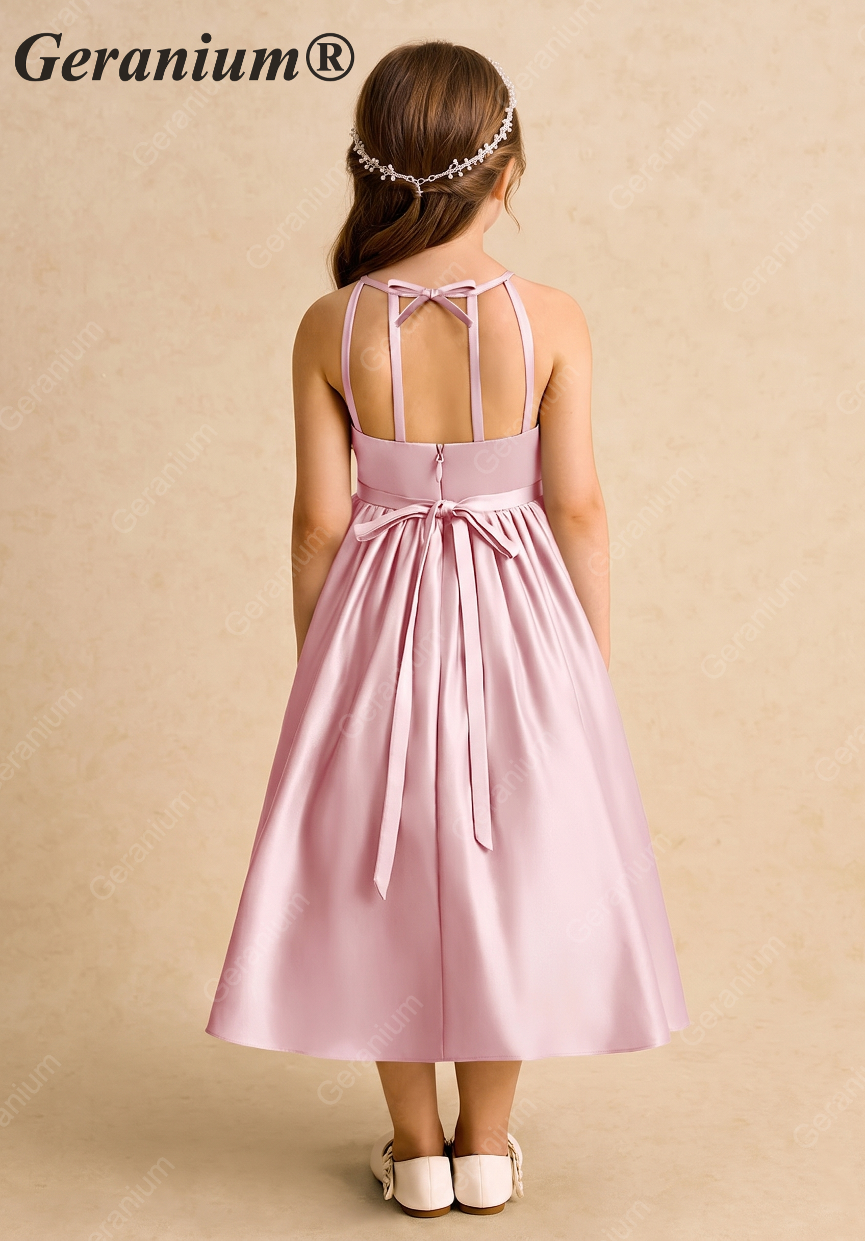 Geranium Elegant Pink Satin Flower Girl Dress - Halter Neck A-Line Junior Bridesmaid Gown with Open Back Bow KD-264