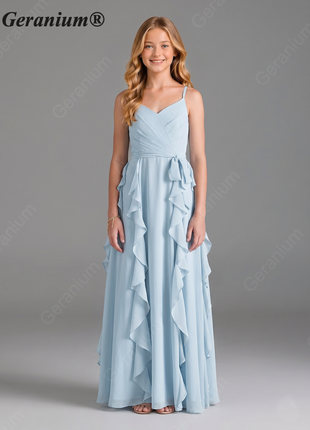 Geranium Sage Green Chiffon Junior Bridesmaid Dress with Ruffle Skirt – Spaghetti Strap V-Neck Teen Formal Dress KD-57