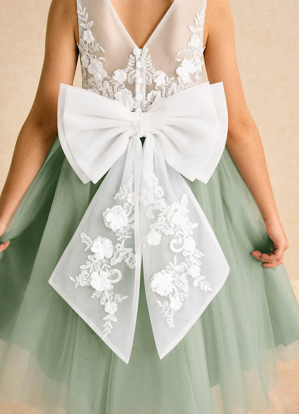 Geranium Sage Green Flower Girl Dress: Embroidered Lace Applique Bodice with Oversized Back Bow KD-200