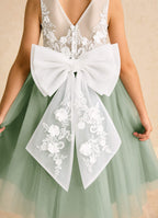 Geranium Sage Green Flower Girl Dress: Embroidered Lace Applique Bodice with Oversized Back Bow KD-200