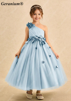 Geranium Light Blue One-Shoulder Flower Girl Dress with 3D Petal Accents & Tulle Skirt KD-253
