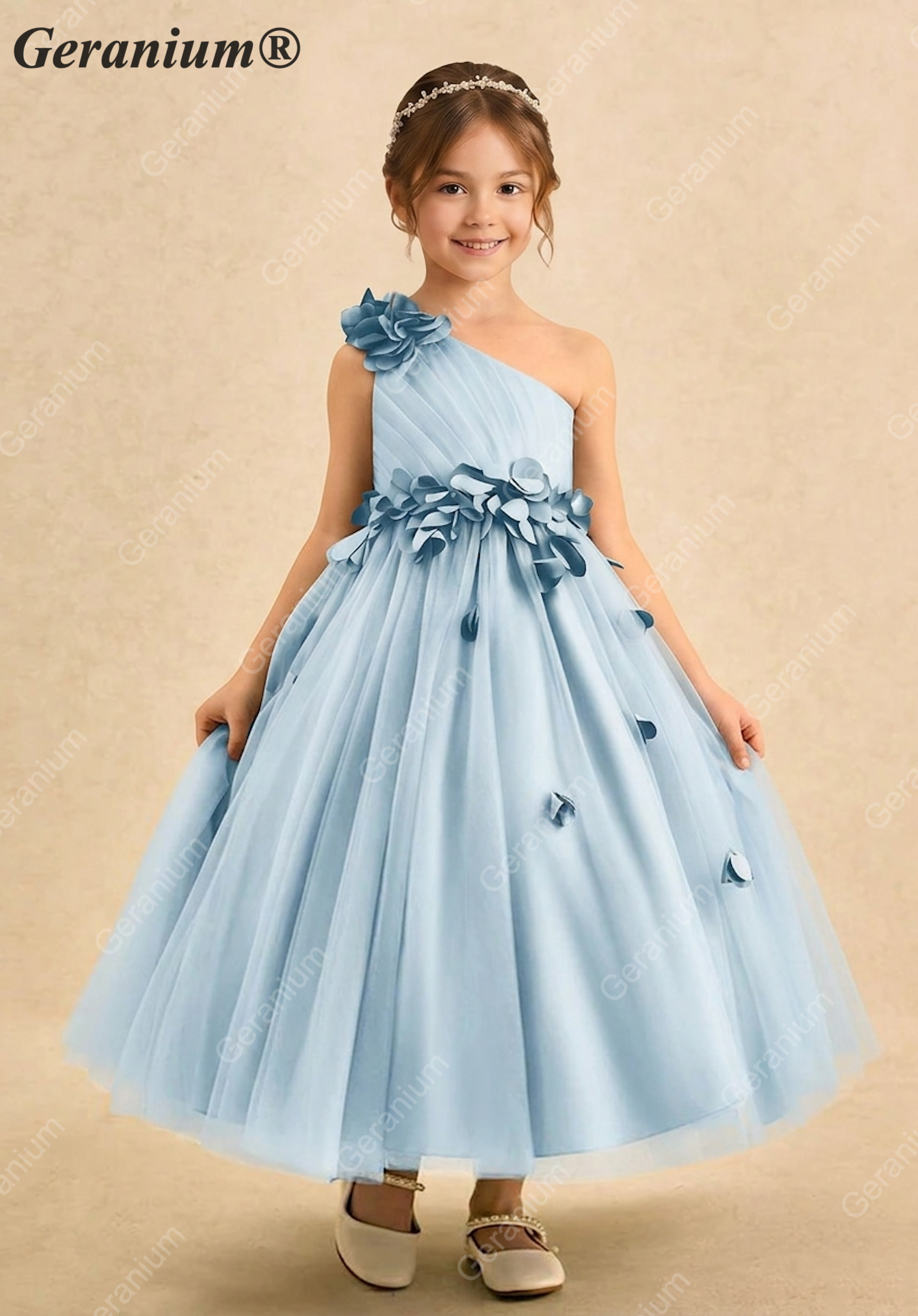 Geranium Light Blue One-Shoulder Flower Girl Dress with 3D Petal Accents & Tulle Skirt KD-253