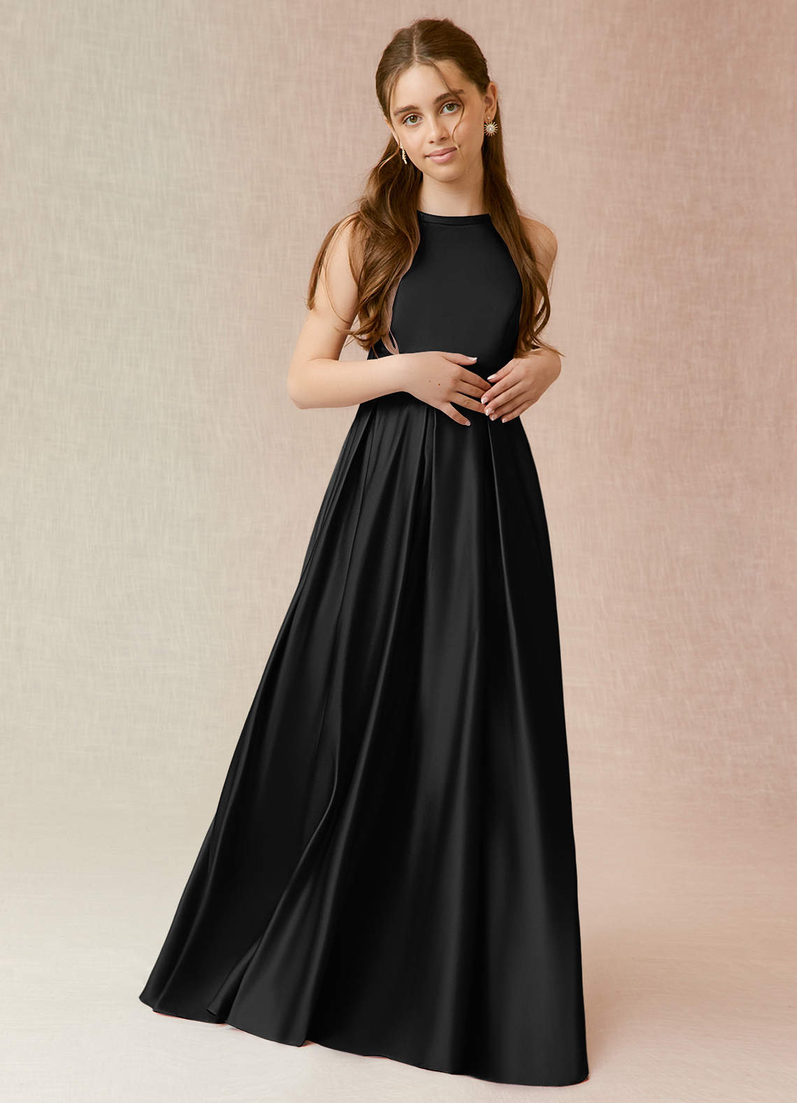 Geranium Elegant Black Halter Neck Satin A-Line Maxi Dress with Pockets & Bow Back KD-97 Main image