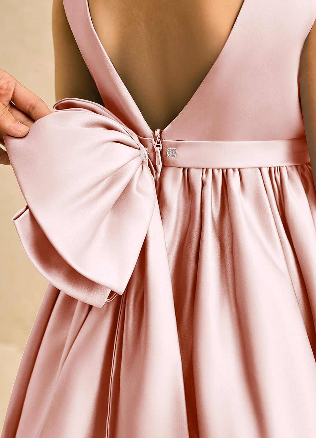 Geranium Elegant Pink Satin Flower Girl Dress with Pearl Neckline & Oversized Back Bow - Sleeveless A-Line Princess Gown KD-246