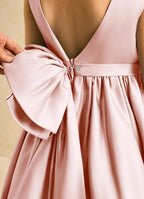Geranium Elegant Pink Satin Flower Girl Dress with Pearl Neckline & Oversized Back Bow - Sleeveless A-Line Princess Gown KD-246