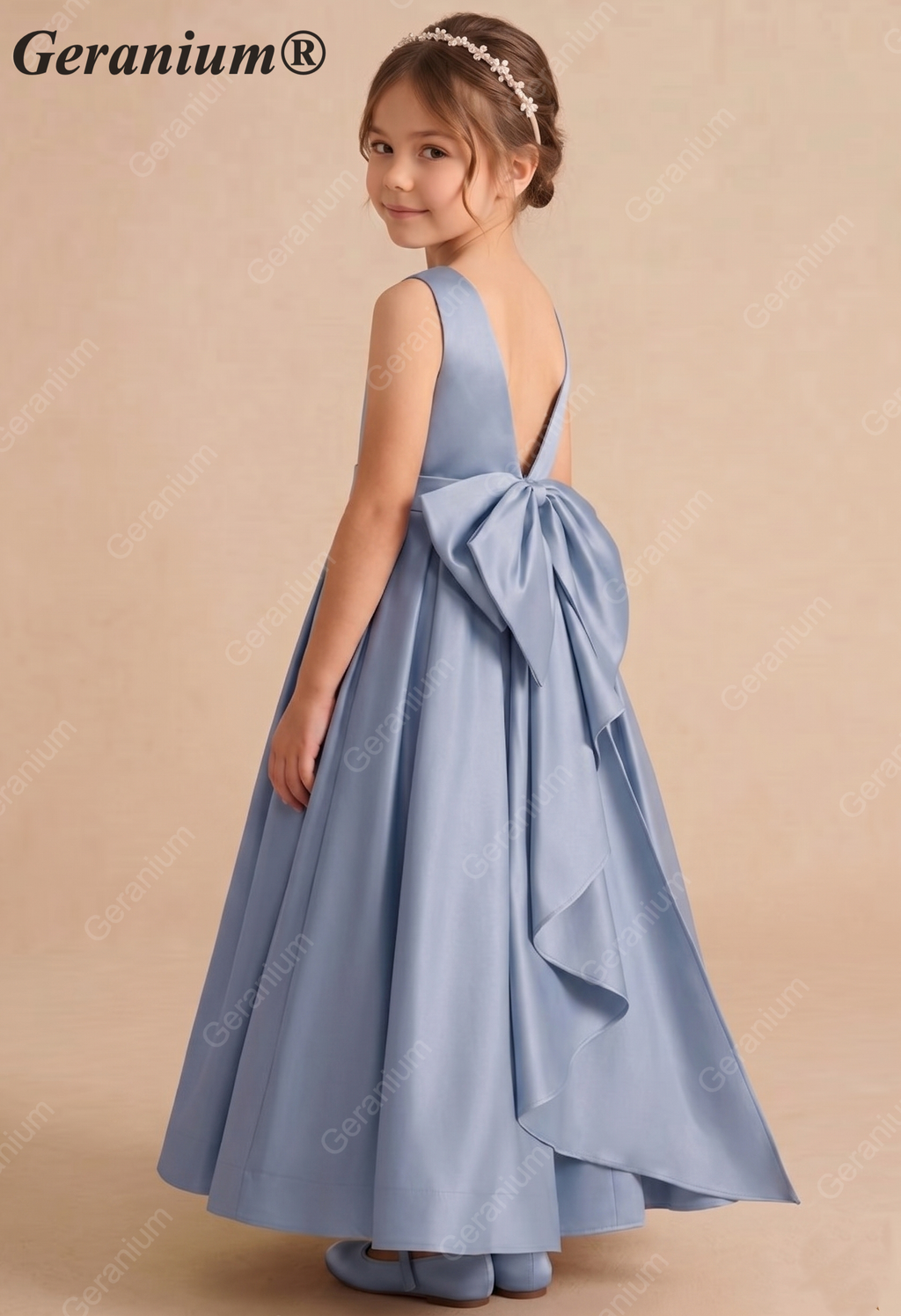 Geranium Elegant Dusty Blue Satin Flower Girl Dress with Oversized Back Bow - Pleated A-Line Junior Bridesmaid Gown KD-270
