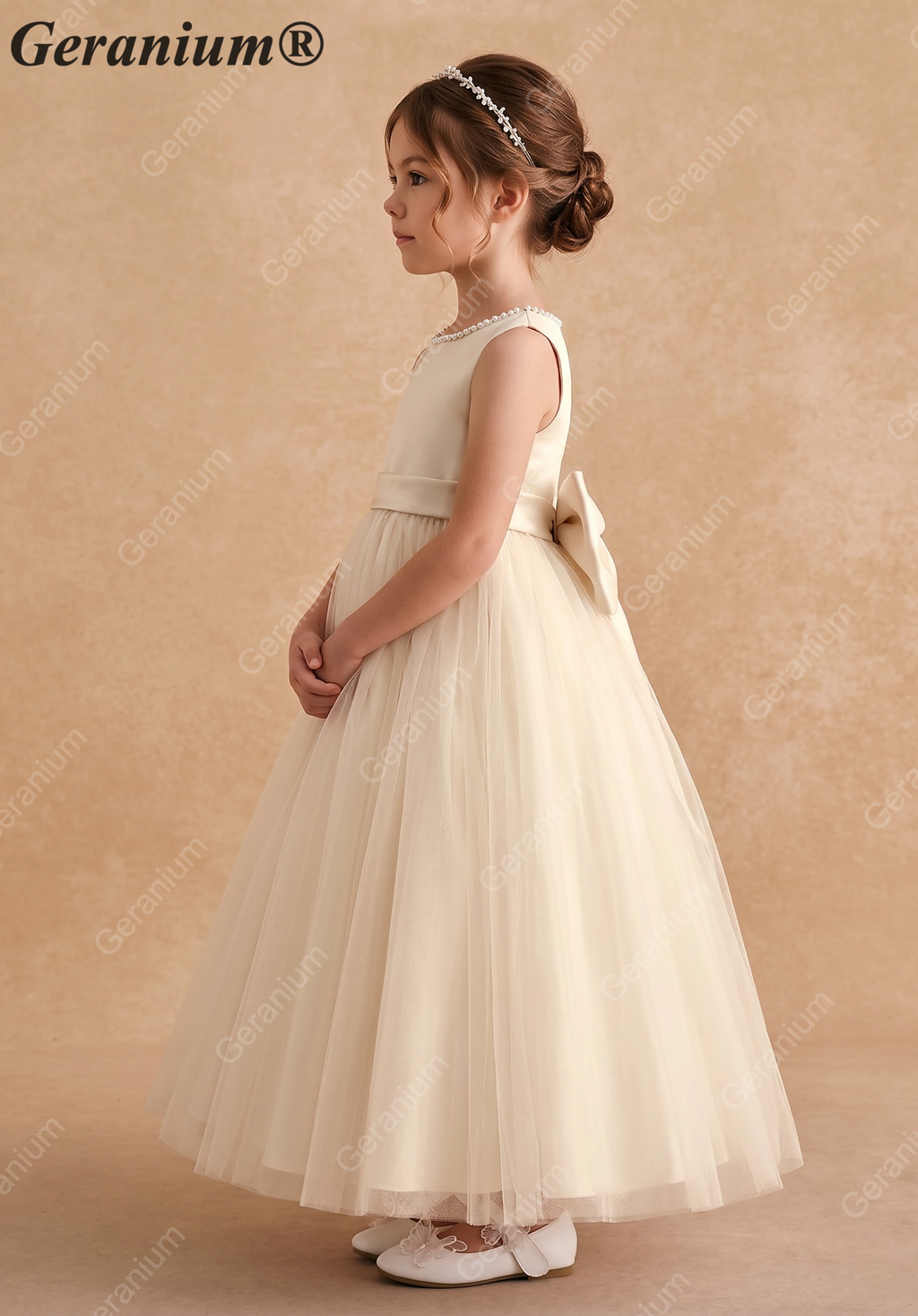 Geranium Elegant Champagne Flower Girl Dress with Pearl Trim and Oversized Back Bow - Satin & Tulle Princess Gown KD-194