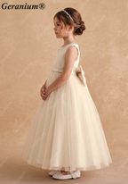 Geranium Elegant Champagne Flower Girl Dress with Pearl Trim and Oversized Back Bow - Satin & Tulle Princess Gown KD-194