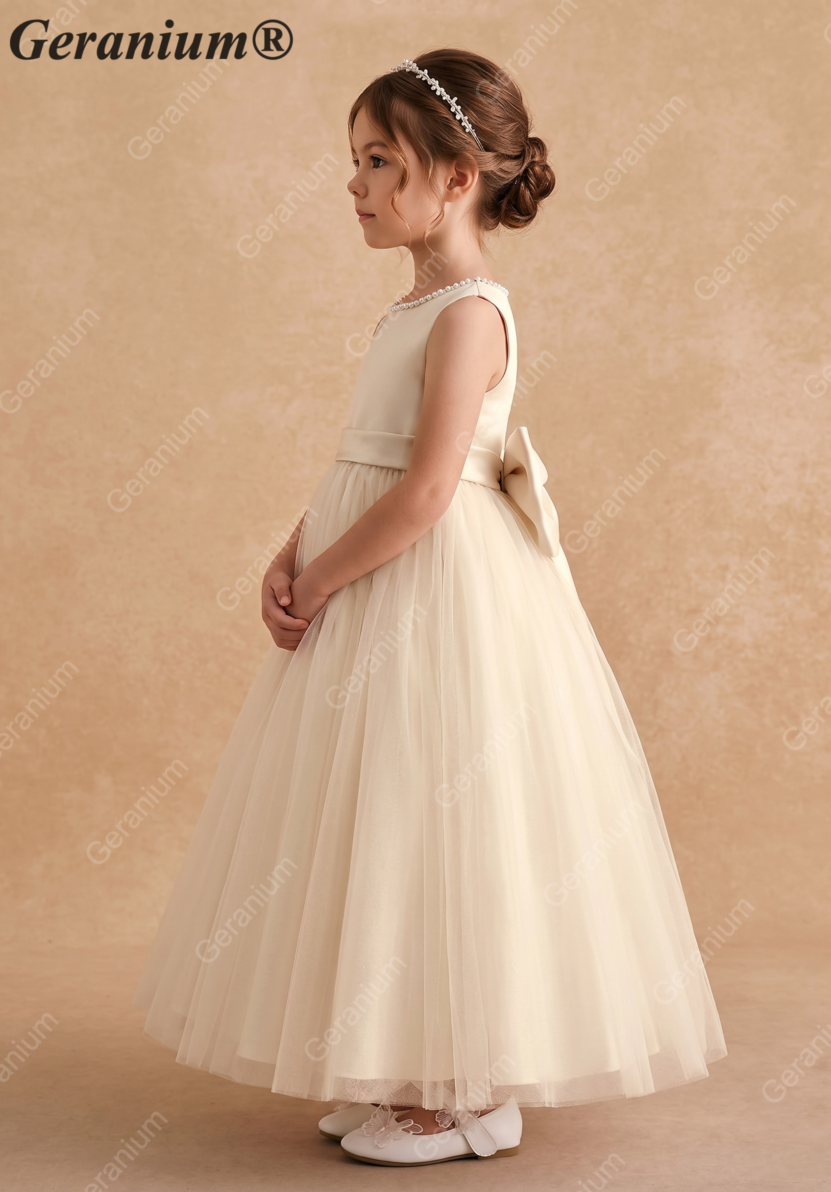 Geranium Elegant Champagne Flower Girl Dress with Pearl Trim and Oversized Back Bow - Satin & Tulle Princess Gown KD-194