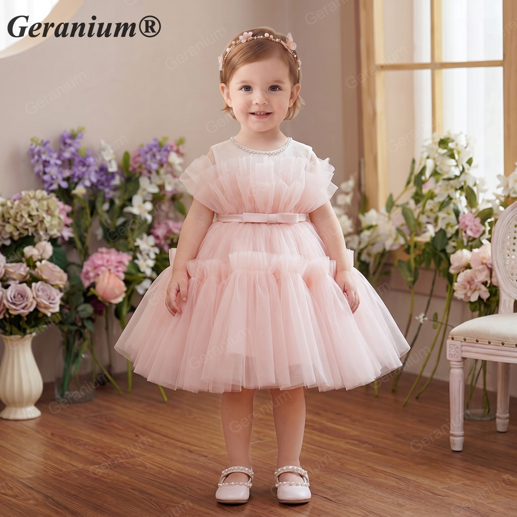 Geranium Elegant Pearl Neckline Tiered Tulle Flower Girl Dress - Sleeveless Ruffled Toddler Ball Gown for Weddings & Birthdays KD-43
