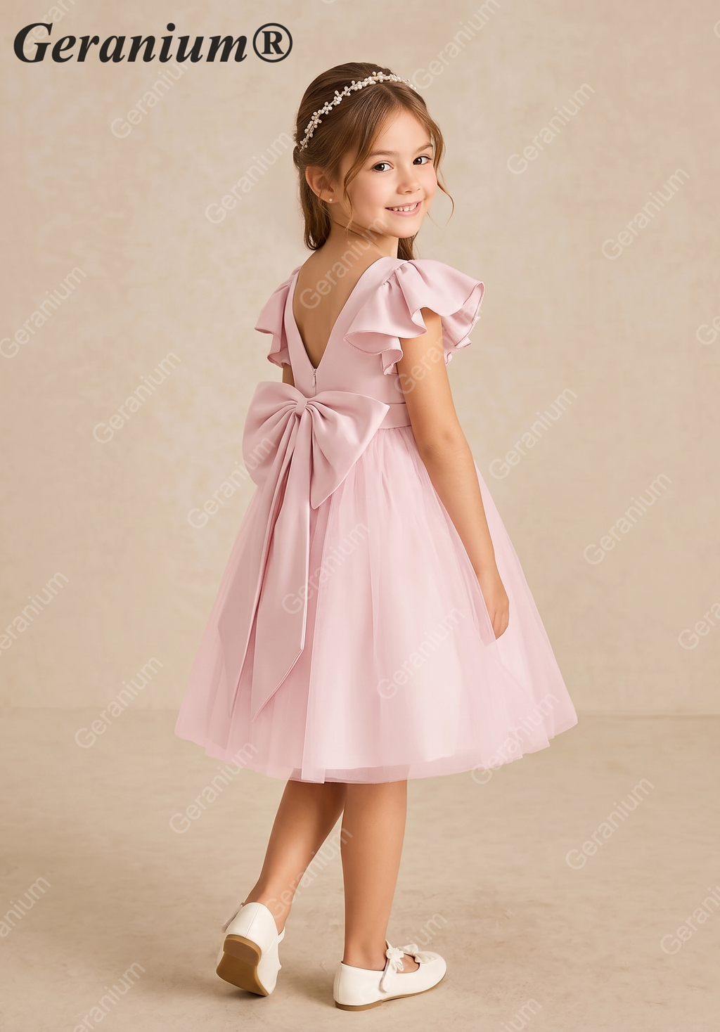Geranium Girls Pink Ruffle Sleeve Satin Tulle Tutu Dress - Flower Girl Gown with Oversized Bow KD-219