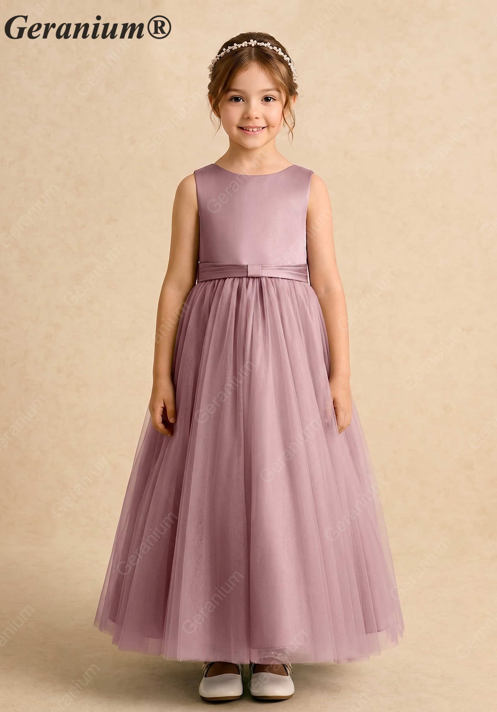 Geranium Dusty Lavender Tiered Tulle Flower Girl Dress with Train & Bow – KD-189 Image principale du produit
