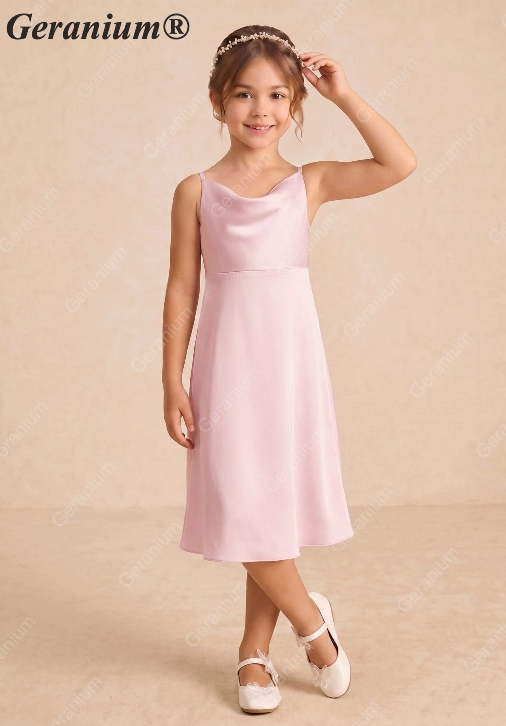 Geranium Elegant Blushing Pink Satin A-Line Flower Girl Dress with Cowl Neck and Straps - Princess Tea-Length KD-224 Main image