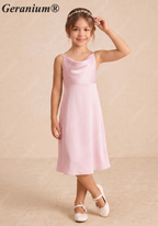 Geranium Elegant Blushing Pink Satin A-Line Flower Girl Dress with Cowl Neck and Straps - Princess Tea-Length KD-224