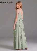 Geranium Sage Green Chiffon Junior Bridesmaid Dress with Ruffle Skirt – Spaghetti Strap V-Neck Teen Formal Dress KD-57