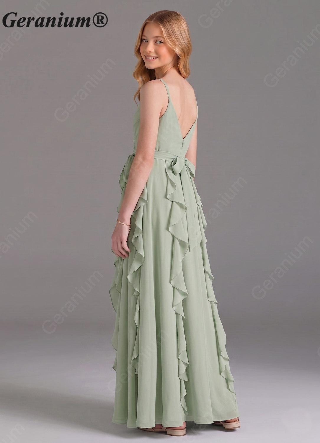 Geranium Sage Green Chiffon Junior Bridesmaid Dress with Ruffle Skirt – Spaghetti Strap V-Neck Teen Formal Dress KD-57