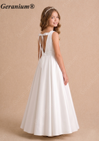 Geranium Elegant Satin A-Line Junior Bridesmaid Dress with Bow V-Back KD-197J