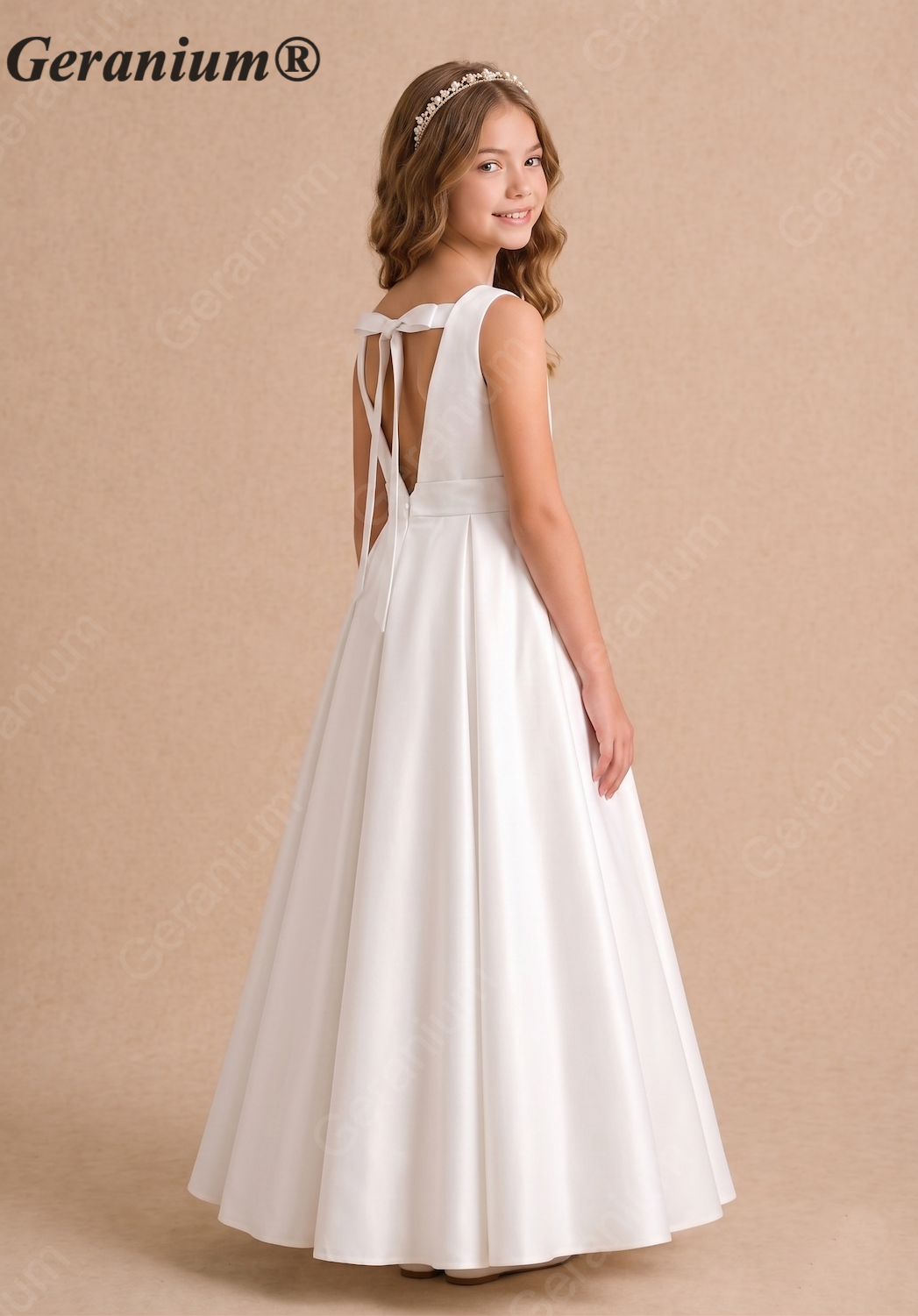 Geranium Elegant Satin A-Line Junior Bridesmaid Dress with Bow V-Back KD-197J
