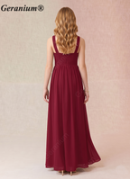 Geranium Junior Burgundy Chiffon A-Line Halter Neck Floor-Length Bridesmaid Dress with Front Slit KD-65