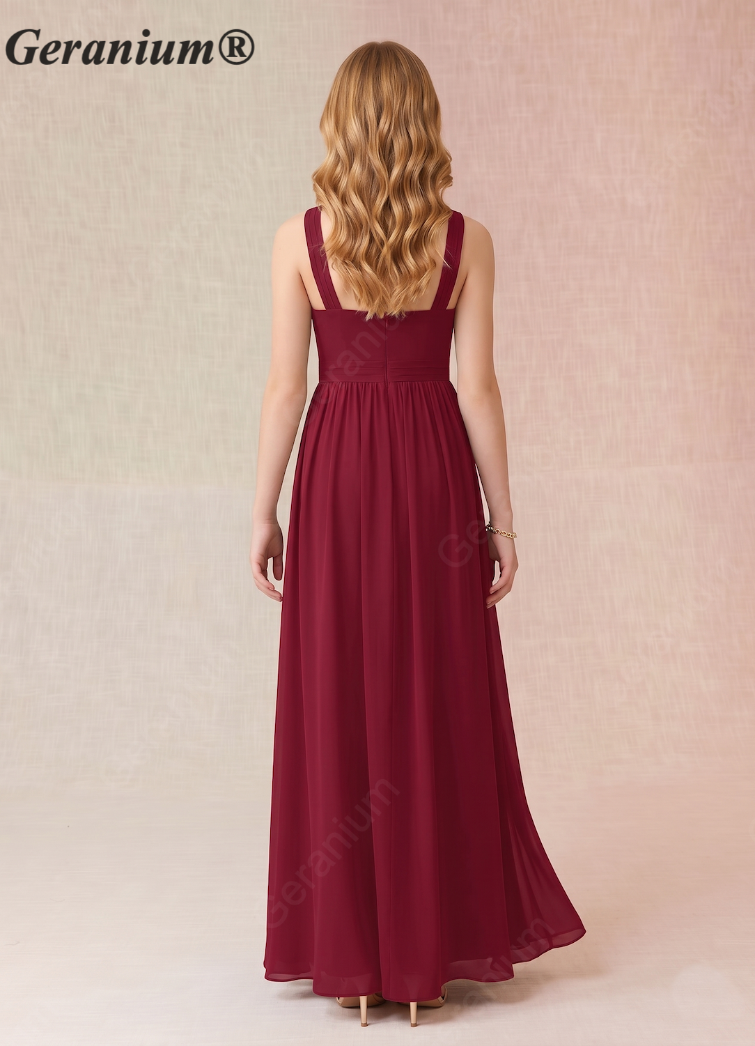 Geranium Junior Burgundy Chiffon A-Line Halter Neck Floor-Length Bridesmaid Dress with Front Slit KD-65