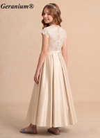 Geranium Champagne Lace Bodice Satin A-Line Flower Girl Dress with Detailed Hidden Pockets & Pearl Buttons KD-172