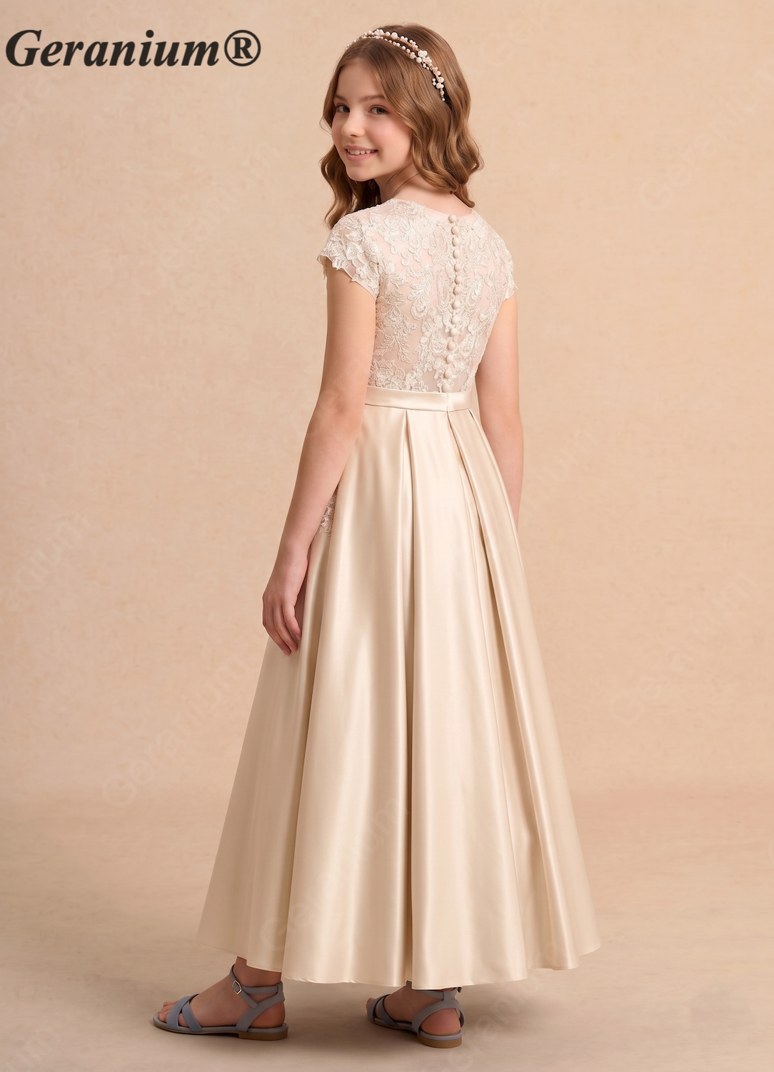 Geranium Champagne Lace Bodice Satin A-Line Flower Girl Dress with Detailed Hidden Pockets & Pearl Buttons KD-172