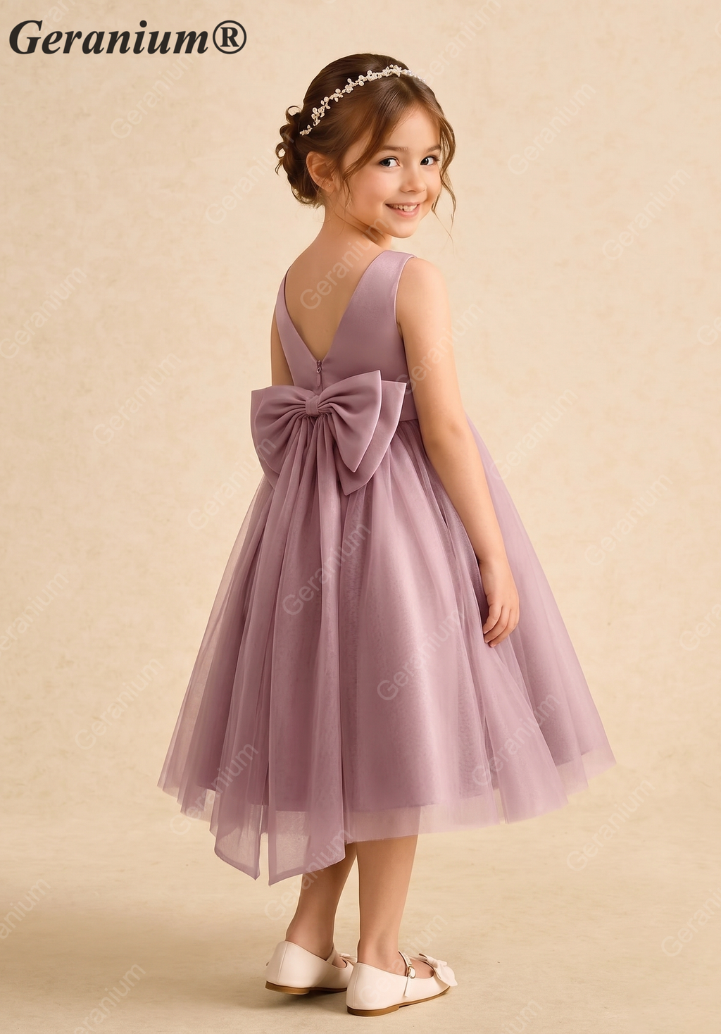 Geranium Elegant Girls' Mauve Satin & Tulle Party Dress with Oversized Detachable Back Bow KD-185