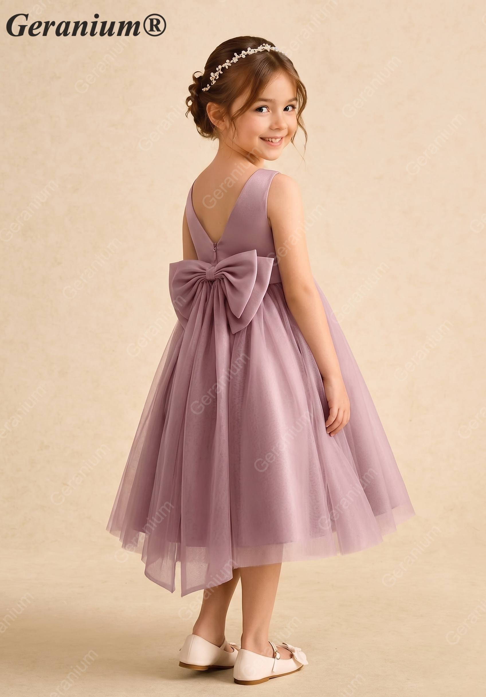 Geranium Elegant Girls' Mauve Satin & Tulle Party Dress with Oversized Detachable Back Bow KD-185