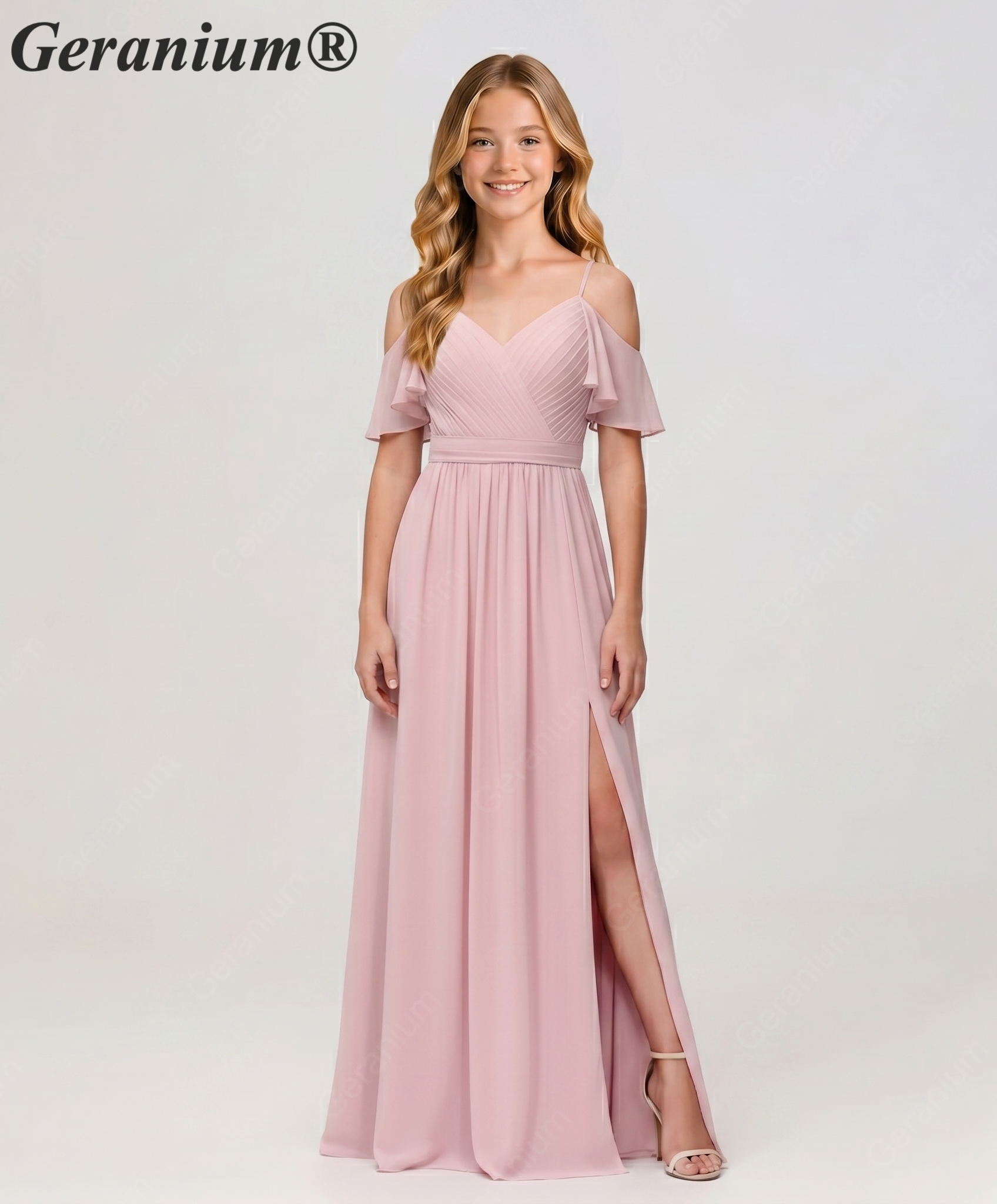 Geranium Cold Shoulder V-Neck Chiffon Junior Bridesmaid Dress with Side Slit – KD-318 Main image