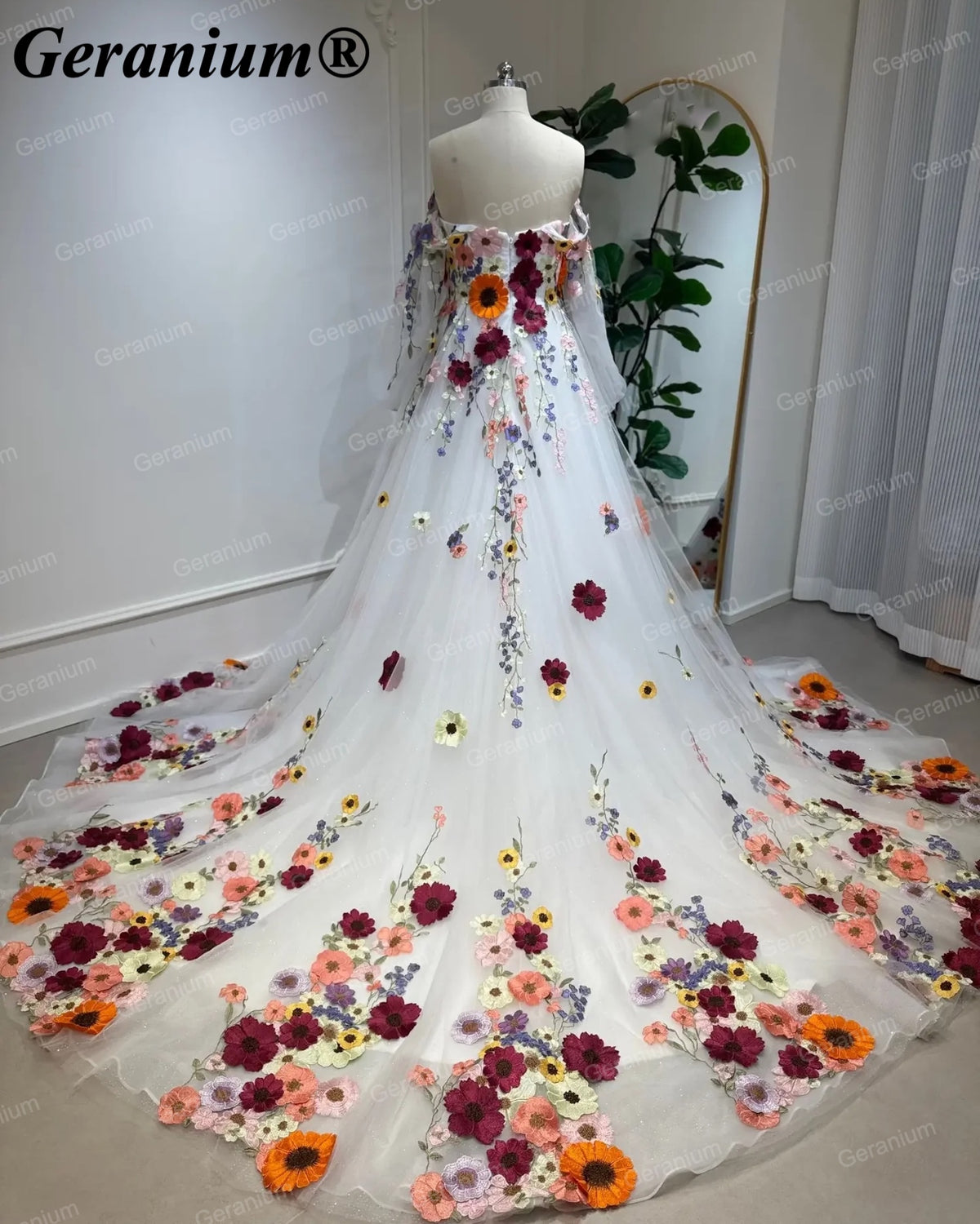 Geranium Multicolor Floral Ball Gown Wedding Dress with Cathedral Train – GER49