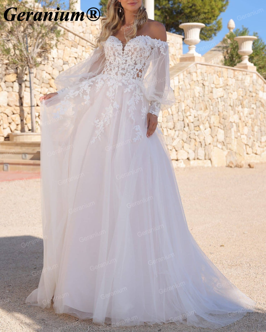 Geranium Sweetheart Lace A-Line Wedding Dress with Off-Shoulder Puff Sleeves – GER108
