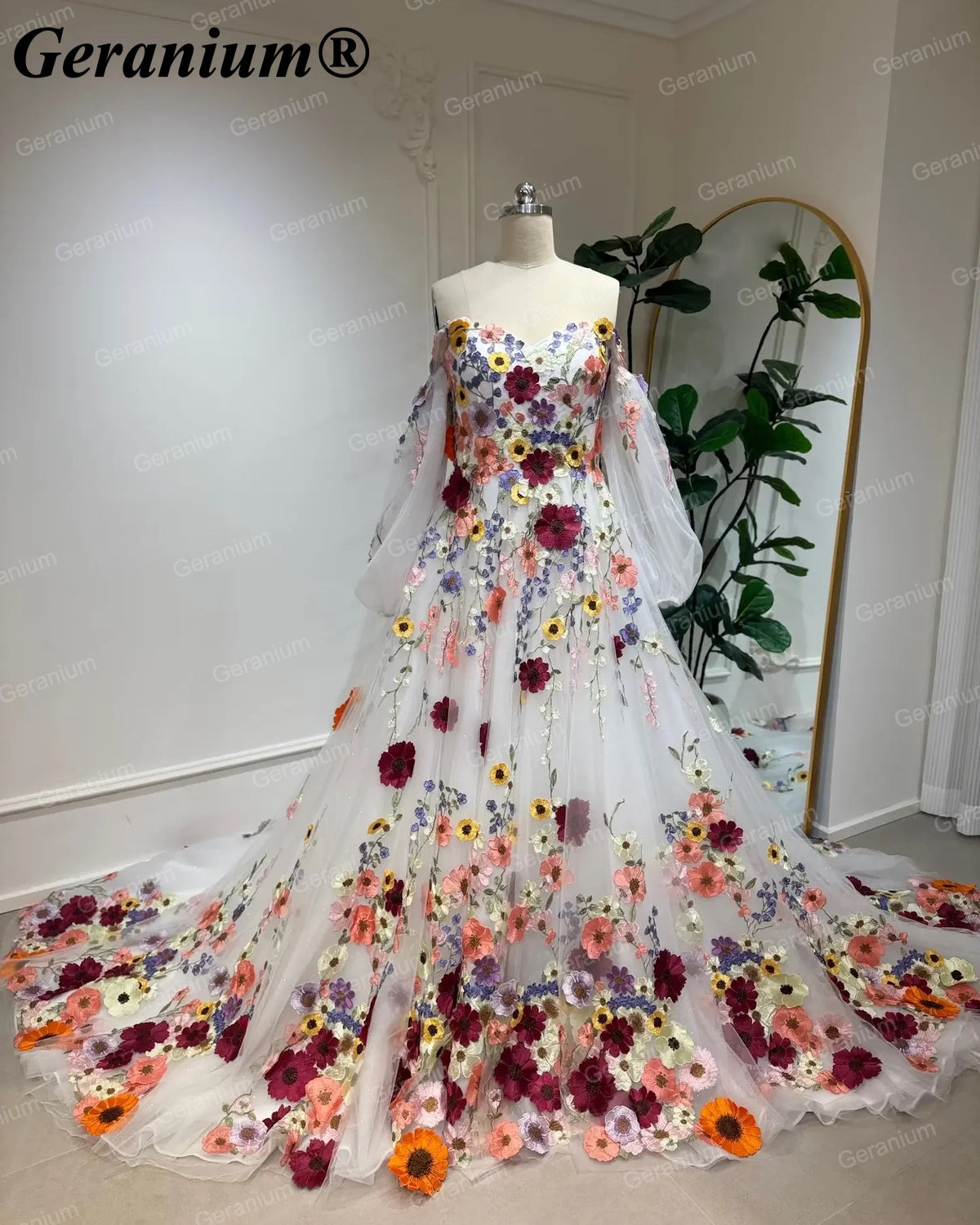 Geranium Multicolor Floral Ball Gown Wedding Dress with Cathedral Train – GER49