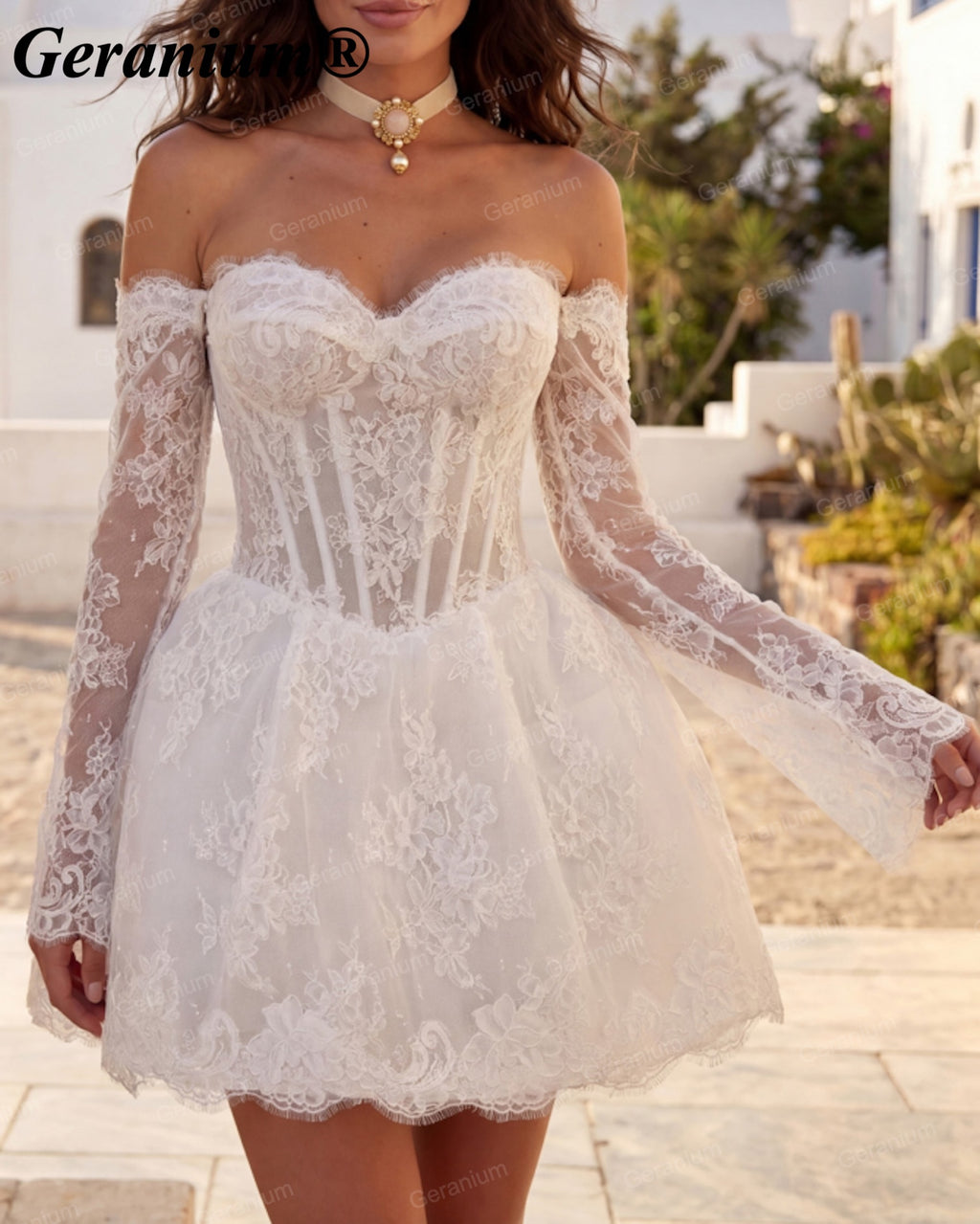 Geranium Sweetheart Lace Mini A-Line Wedding Dress – GER133