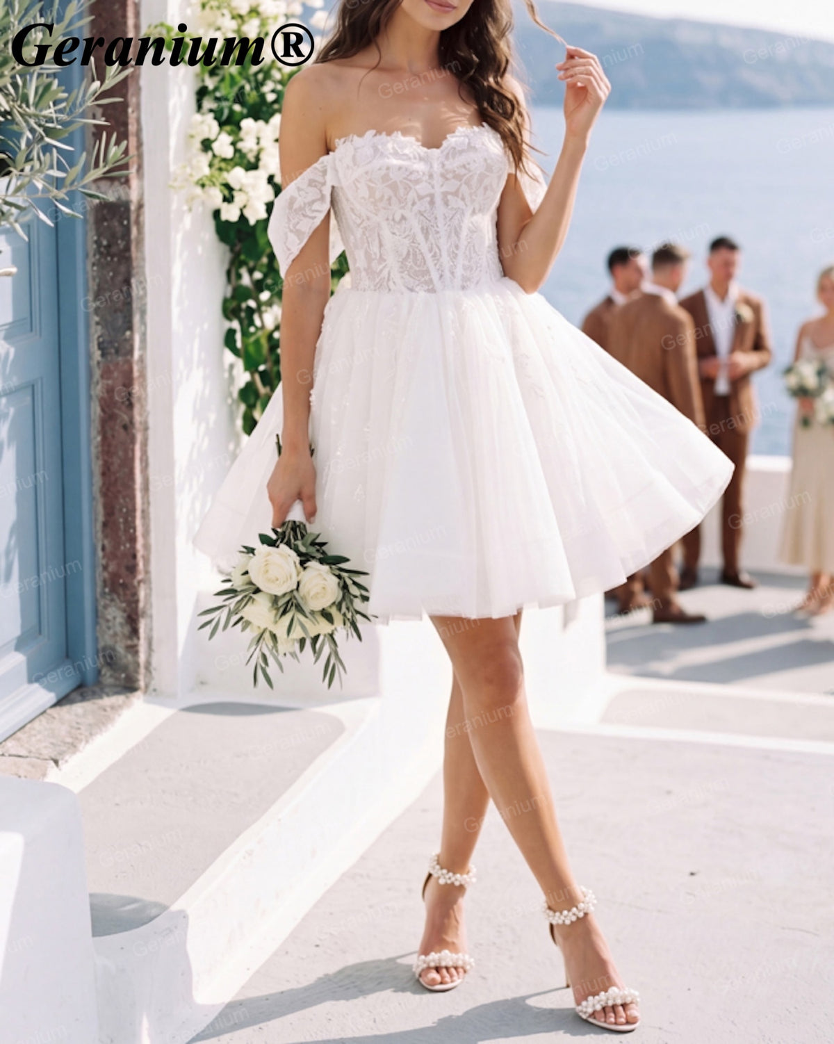 Geranium Off-Shoulder Sweetheart Mini Wedding Dress – GER135