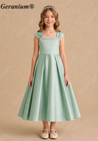 Geranium Elegant Sage Green Satin Junior Bridesmaid Dress with Pearl Square Neckline KD-211J