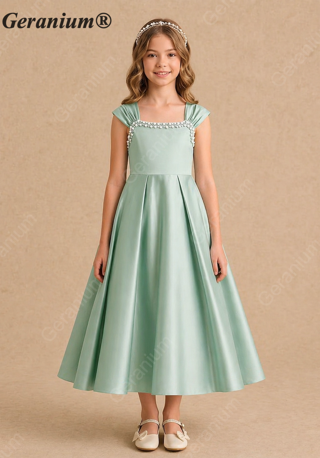 Geranium Elegant Sage Green Satin Junior Bridesmaid Dress with Pearl Square Neckline KD-211J