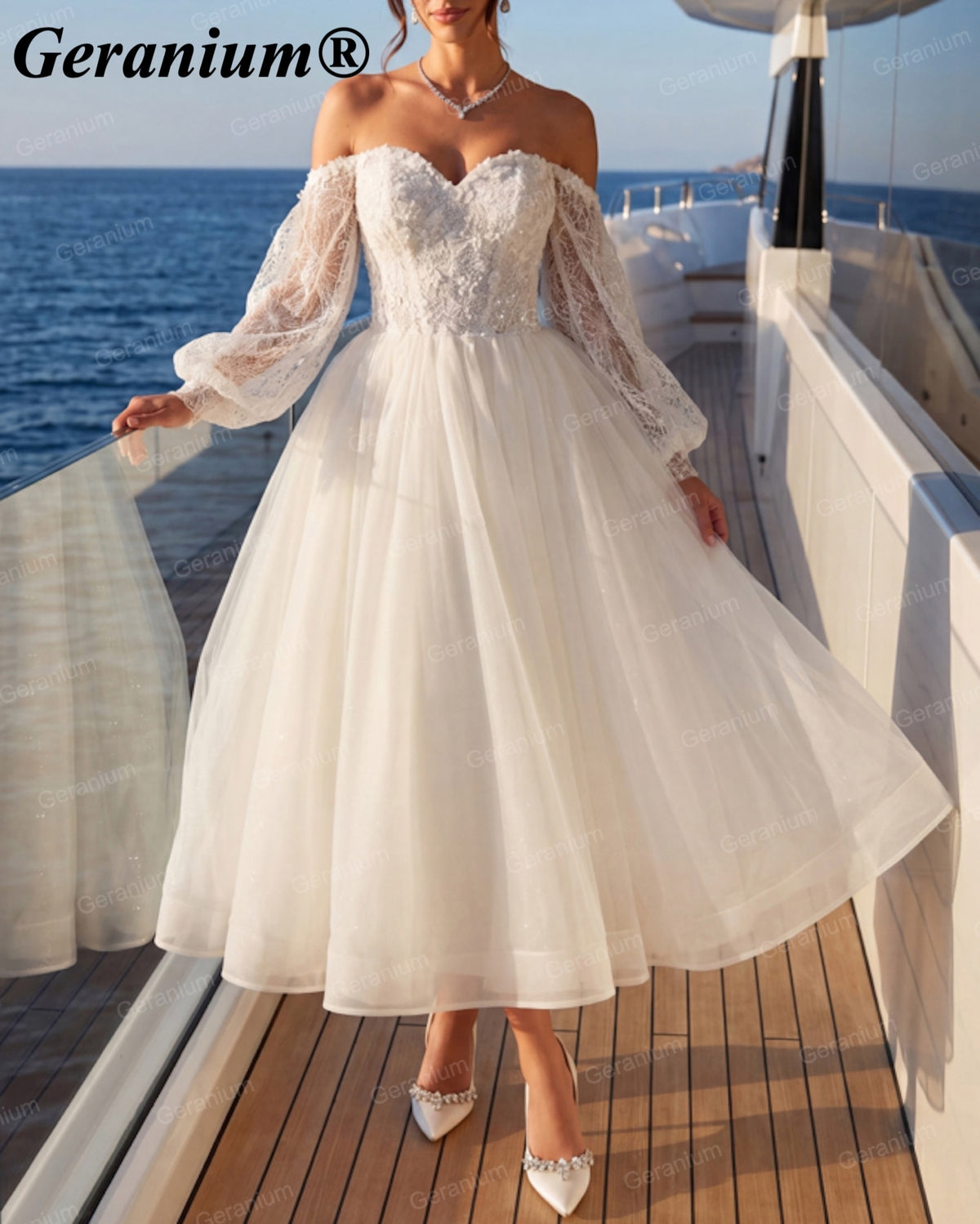 Geranium Sweetheart Lace Tea-Length A-Line Wedding Dress – GER132