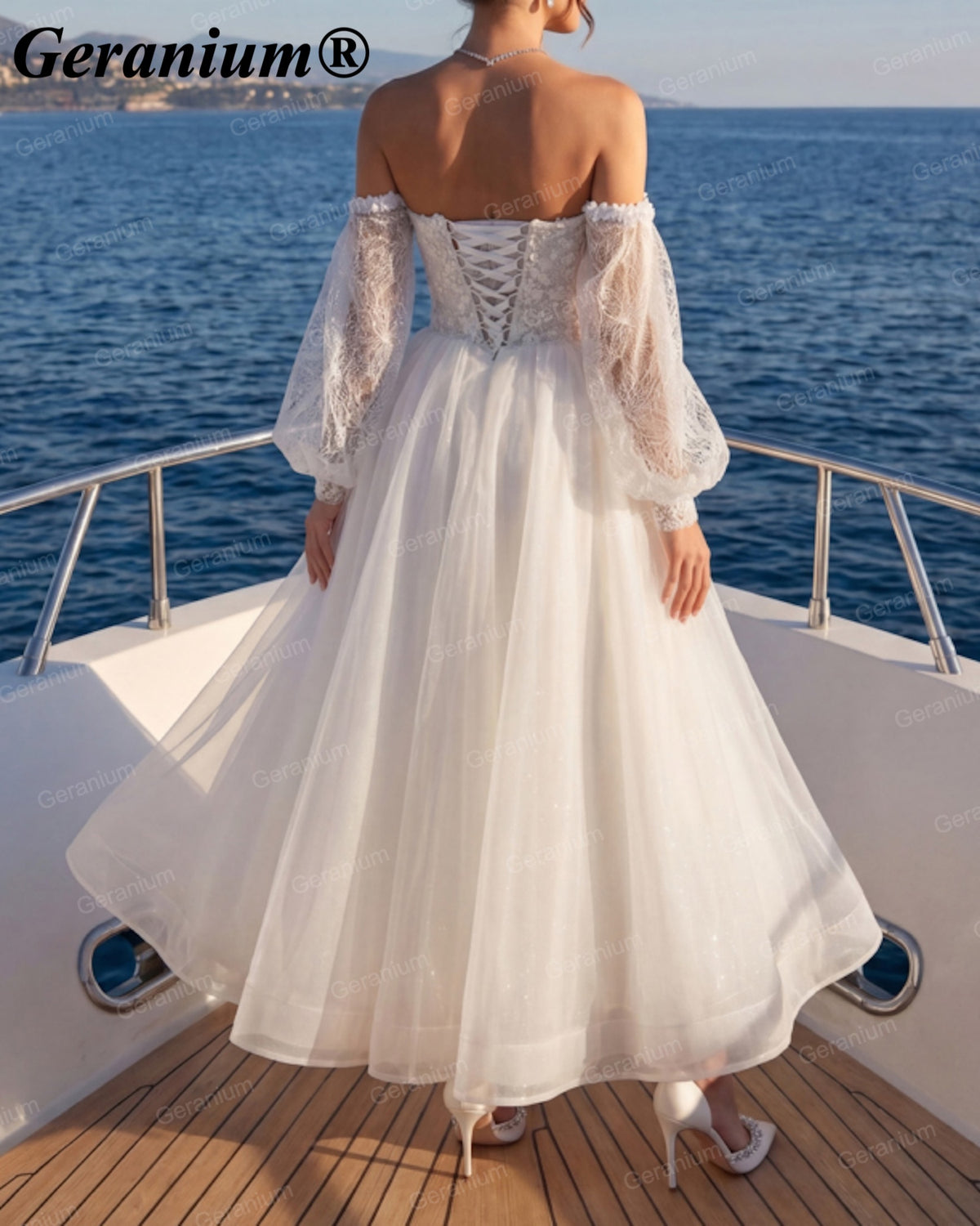 Geranium Sweetheart Lace Tea-Length A-Line Wedding Dress – GER132