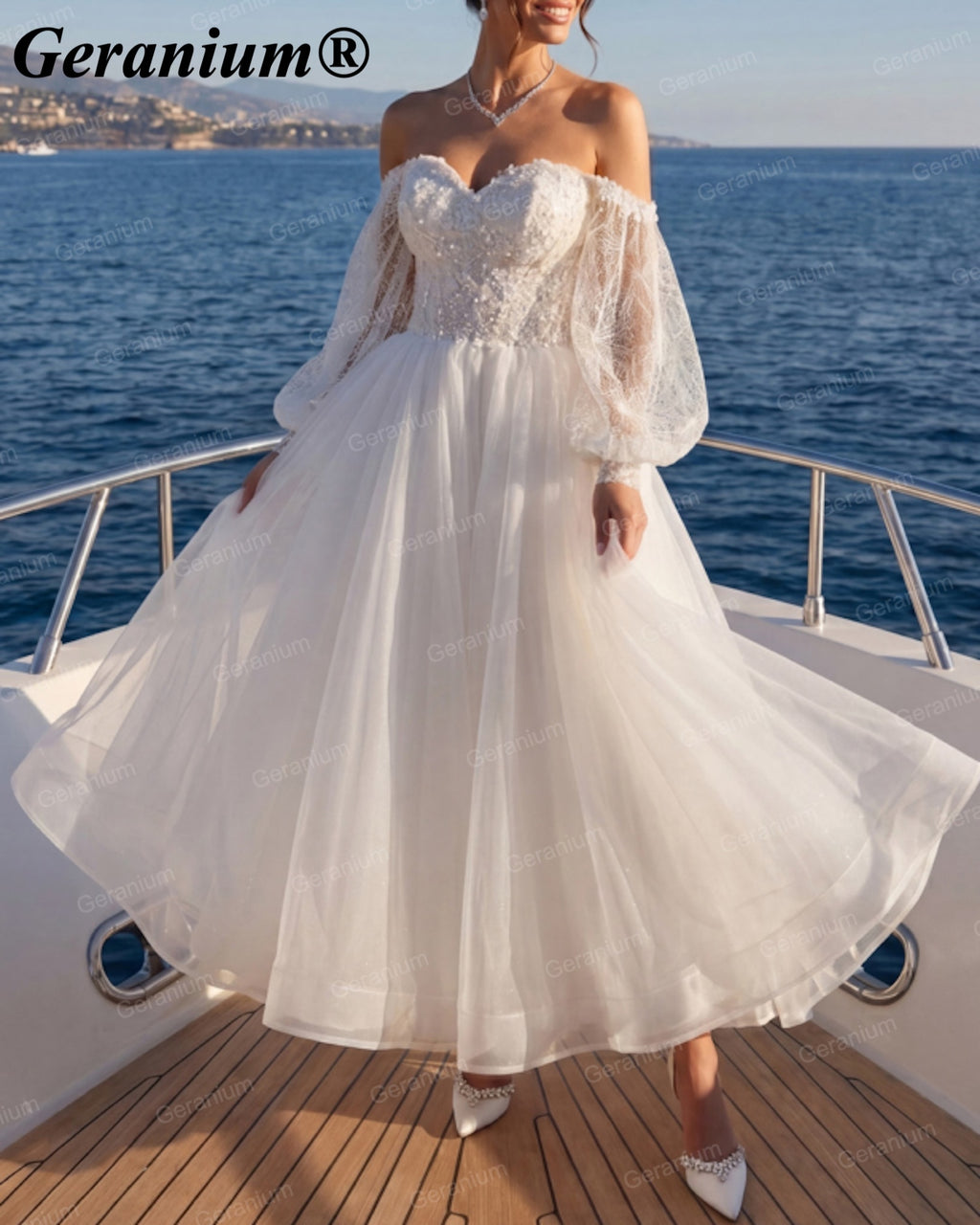 Geranium Sweetheart Lace Tea-Length A-Line Wedding Dress – GER132