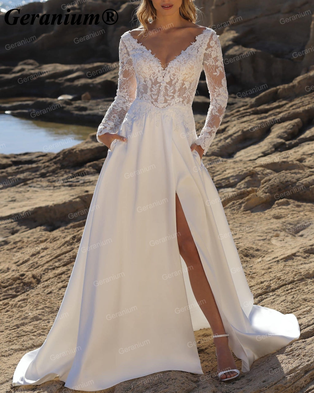 Geranium Deep V-Neck Lace Long Sleeve A-Line Wedding Dress with Slit – GER110