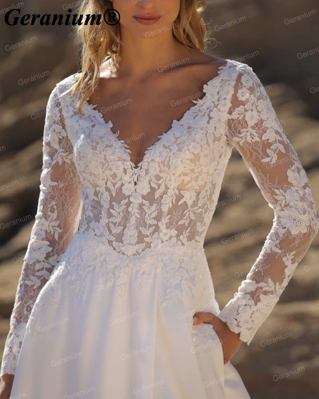 Geranium Deep V-Neck Lace Long Sleeve A-Line Wedding Dress with Slit – GER110