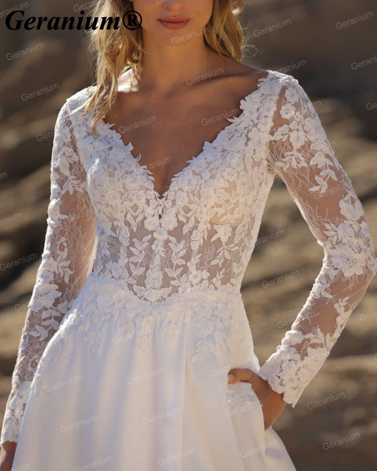 Geranium Deep V-Neck Lace Long Sleeve A-Line Wedding Dress with Slit – GER110